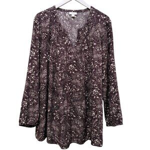 J.JILL Tunic Top Plus Size 2X Womens Blouse Burgundy Plum FloralRayon Long Sleev